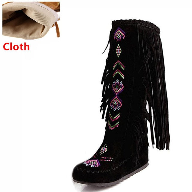 TEEK - Knee Moccasin Tassel Boots SHOES theteekdotcom black cloth 6.5 