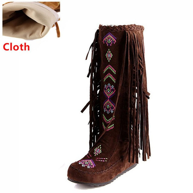 TEEK - Knee Moccasin Tassel Boots SHOES theteekdotcom brown cloth 6.5 