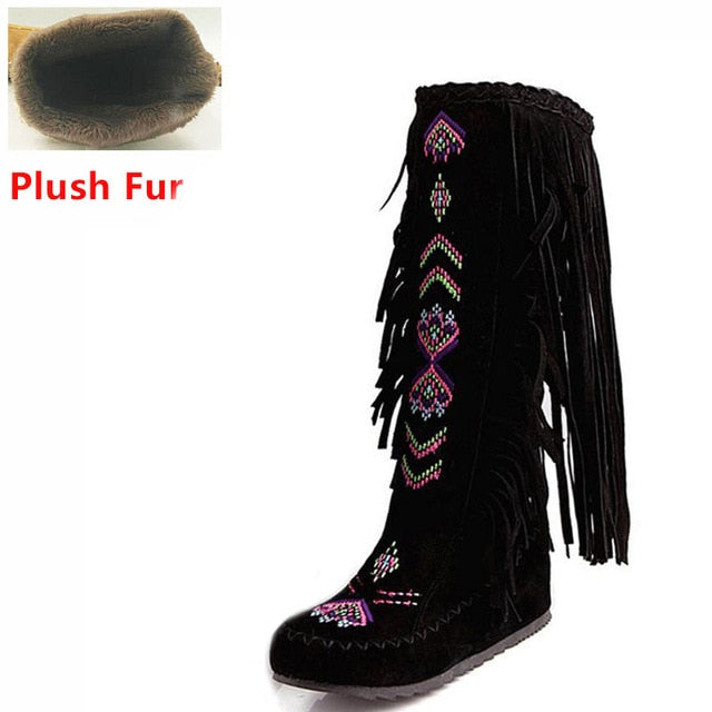 TEEK - Knee Moccasin Tassel Boots SHOES theteekdotcom black plush fur 6.5 