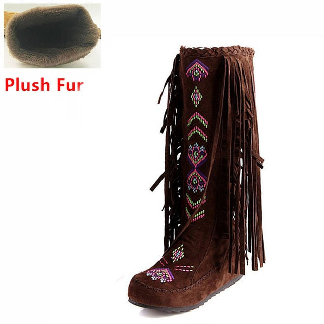 TEEK - Knee Moccasin Tassel Boots SHOES theteekdotcom brown plush fur 6.5 