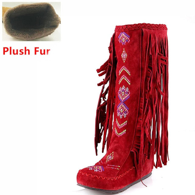 TEEK - Knee Moccasin Tassel Boots SHOES theteekdotcom red plush fur 6.5 