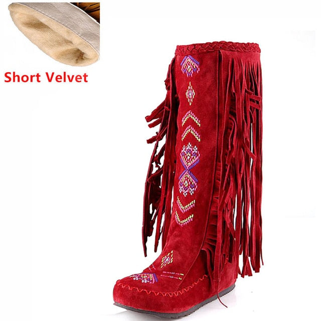 TEEK - Knee Moccasin Tassel Boots SHOES theteekdotcom red short velvet 6.5 