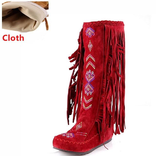 TEEK - Knee Moccasin Tassel Boots SHOES theteekdotcom red cloth 6.5 