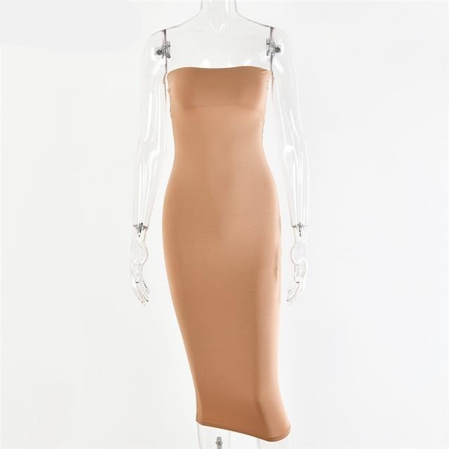 TEEK - Straight Tube Long Bodycon Dress DRESS theteekdotcom Khaki L 