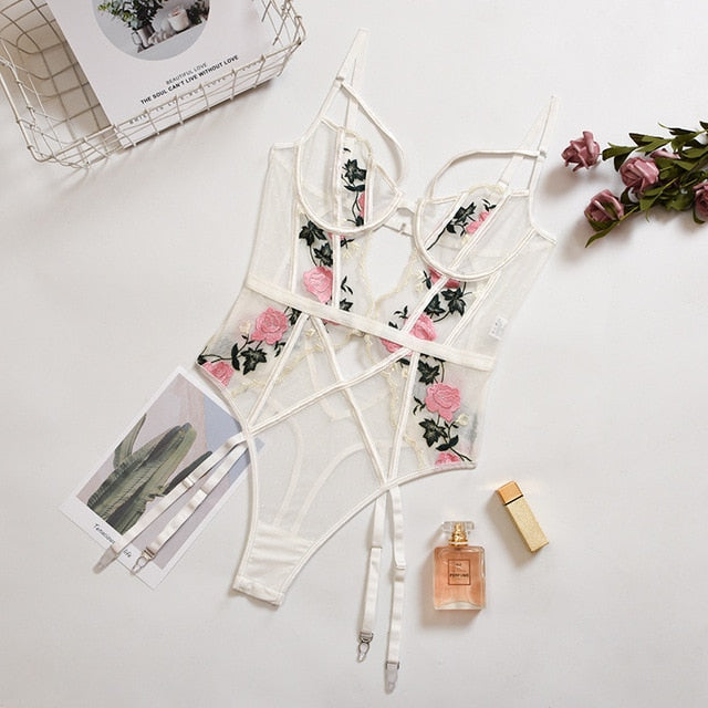TEEK - Floral Embroidered Lace Lingerie Sets LINGERIE theteekdotcom white bodysuit L 
