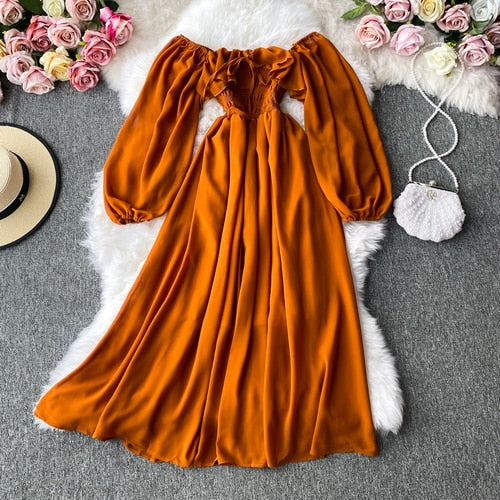 TEEK - Off Shoulder Flow Dress DRESS theteekdotcom Light Brown One Size 