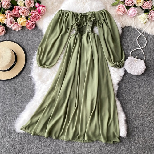 TEEK - Off Shoulder Flow Dress DRESS theteekdotcom green One Size 