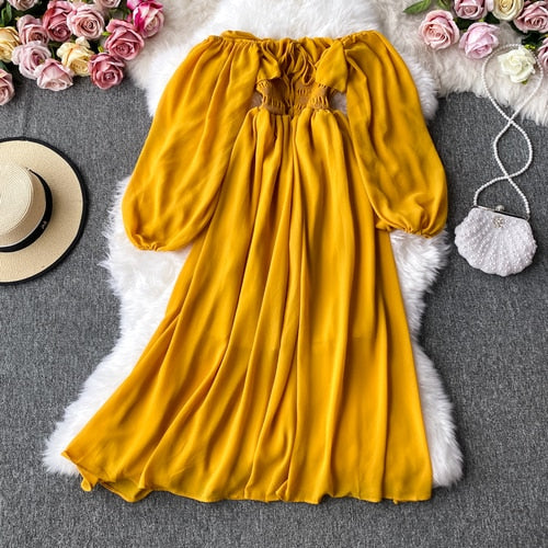 TEEK - Off Shoulder Flow Dress DRESS theteekdotcom Yellow One Size 