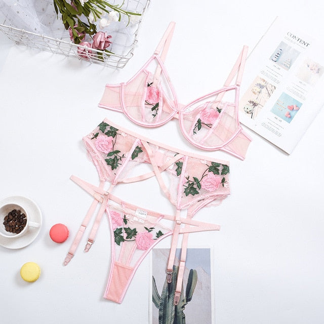 TEEK - Floral Embroidered Lace Lingerie Sets LINGERIE theteekdotcom pink set S 
