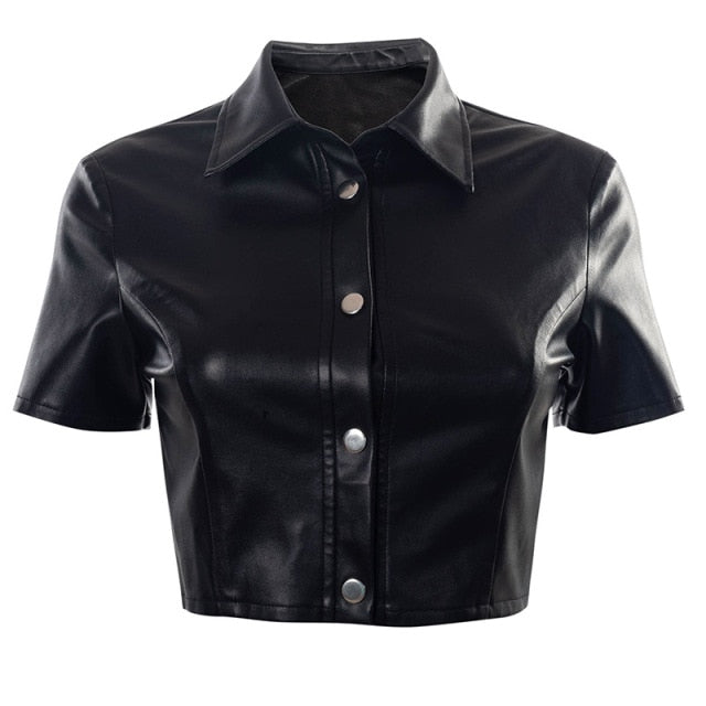 TEEK - PU Leather Button Up Crop Streetwear Top TOPS theteekdotcom Black L 