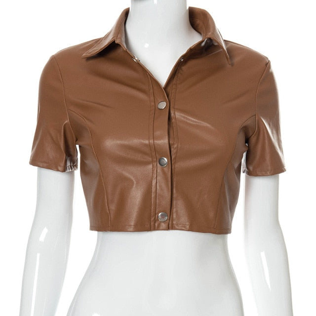TEEK - PU Leather Button Up Crop Streetwear Top TOPS theteekdotcom Brown S 