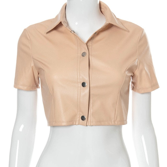 TEEK - PU Leather Button Up Crop Streetwear Top TOPS theteekdotcom Nude L 