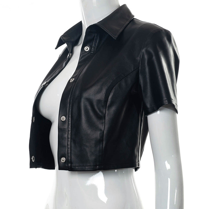 TEEK - PU Leather Button Up Crop Streetwear Top TOPS theteekdotcom   