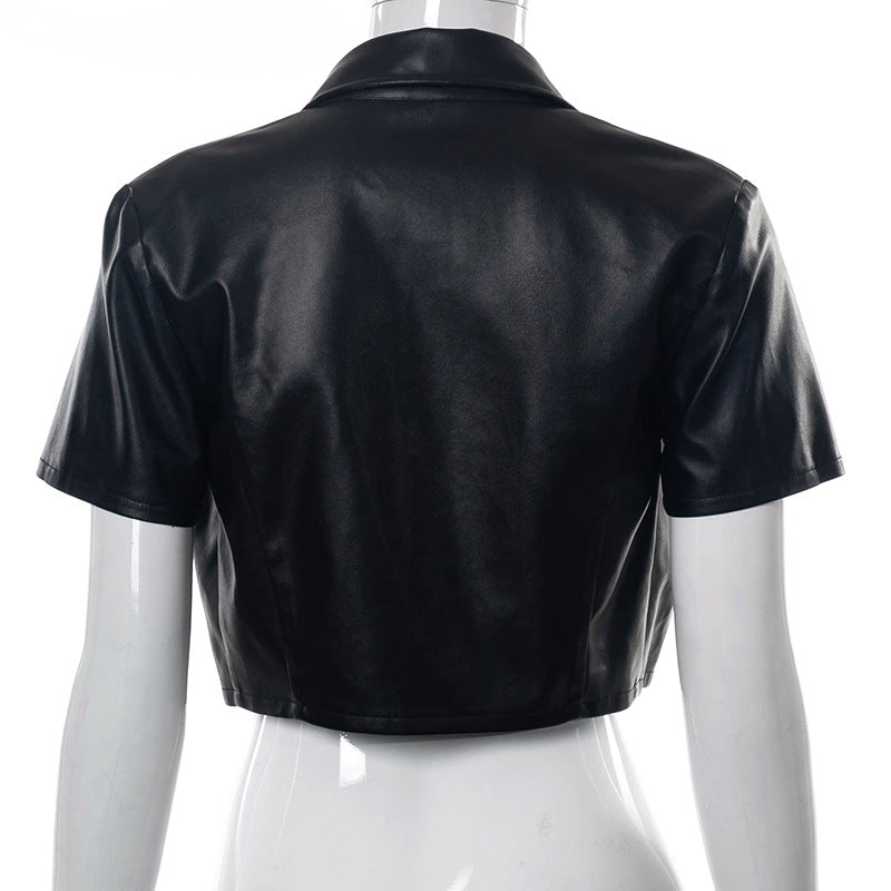 TEEK - PU Leather Button Up Crop Streetwear Top TOPS theteekdotcom   