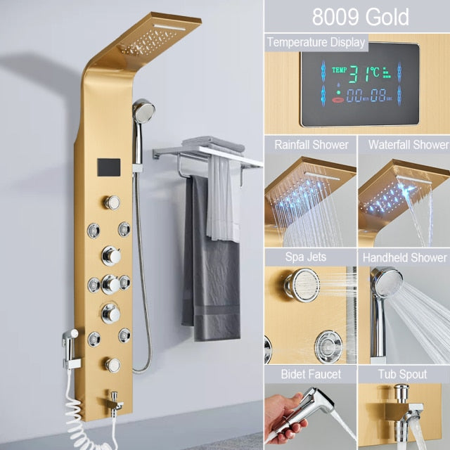 TEEK - Deluxe Waterfall Sprayer LED Jet Shower Column System BATHROOM theteekdotcom 8009 Gold 10-15 days (Please provide receiving phone number @ checkout) 