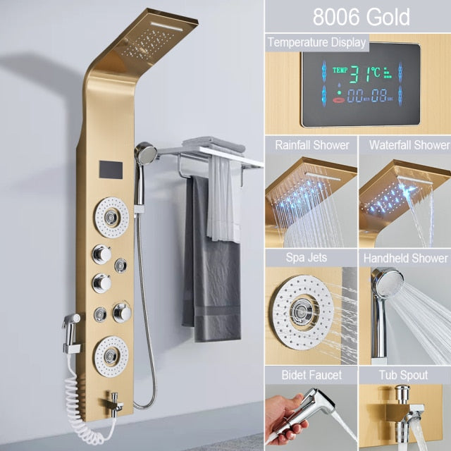 TEEK - Deluxe Waterfall Sprayer LED Jet Shower Column System BATHROOM theteekdotcom 8006 Gold 10-15 days (Please provide receiving phone number @ checkout) 