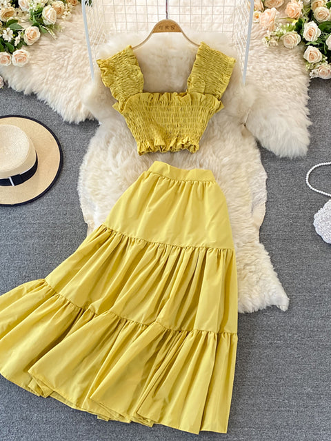 TEEK - Green/Yellow/White Two Level Skirt Set SET theteekdotcom Yellow One Size 